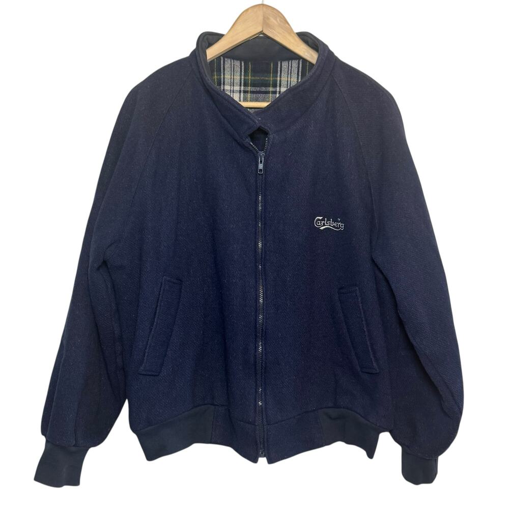 Carlsberg Vintage Navy Blue  Zip Up Wool Plaid Flannel Lined Embroidered Jacket